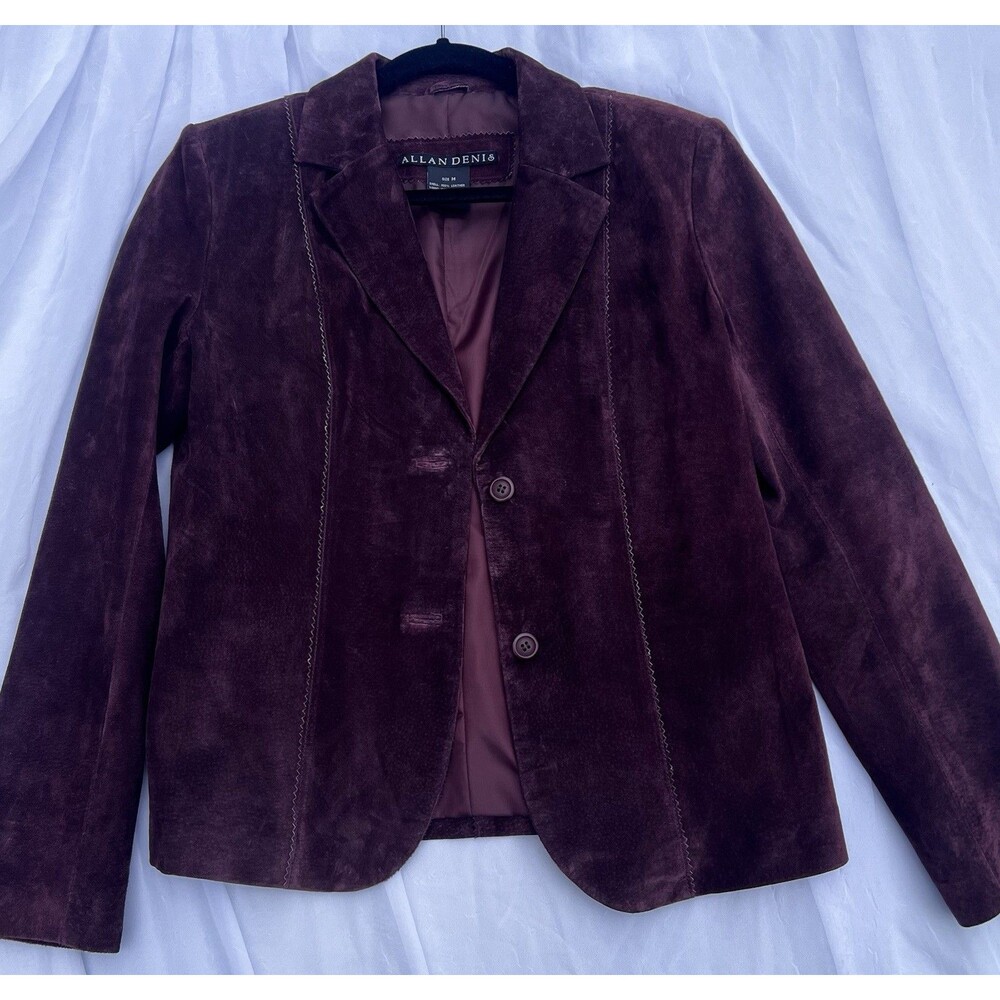 Vintage 90s Allan Denis Burgundy Suede 100% Leather Blazer Jacket Women’s M - Picture 2 of 16